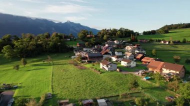 Lihtenştayn 'ın Alp Dağı Vadisi' ndeki Yeşil Arazi Evleri 'nin havadan görünüşü