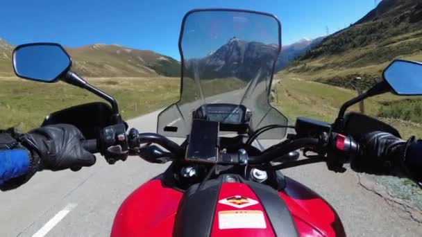 POV Biker Rides on Motorbike by Scenic Mountain Pass in Swiss Alps, Moto Trip — Video Stock