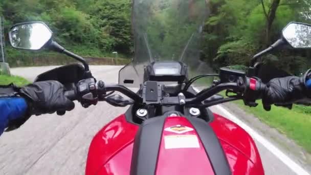 POV Biker Rides op een motor door beboste Mountain Road in Italië — Stockvideo