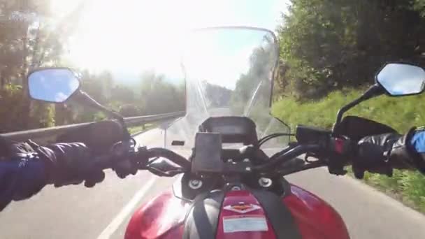 POV Biker rijdt op een motorfiets op een zonnige bergweg in Oostenrijk — Stockvideo