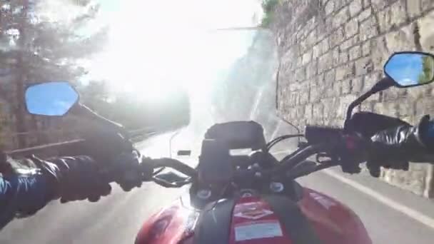 POV Biker Rides a Motorcycle on a Scenic Sunny Mountain Road, Austria — Αρχείο Βίντεο