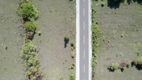Top Aerial View of an Empty Asphalt Road on the Plateau Between Green Fields — Αρχείο Βίντεο