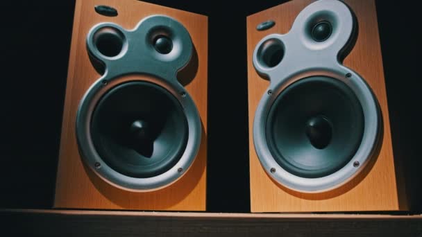 Audio Speakers Vibreren vanuit Sound Bass in Slow Motion op zwarte achtergrond — Stockvideo