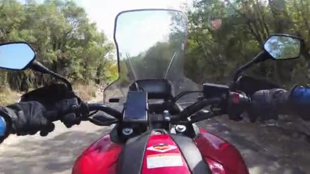 POV Biker Rides on Motorbike by Scenic Mountain Road, Moto Adventure, Wolność — Wideo stockowe