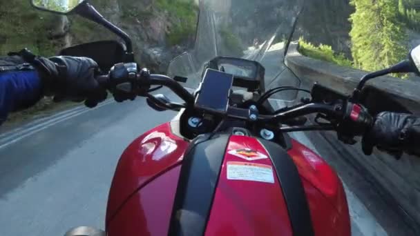 POV Biker Rides on Motorbike by Scenic Green Mountain Road, Swiss Alp, Moto Trip — Stockvideo