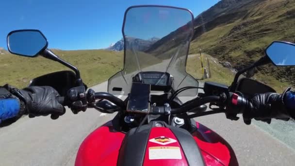 POV Biker Rides on Motorbike by Scenic Mountain Pass in Swiss Alps, Moto Trip — Video Stock