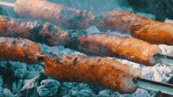 Klobásy na Skewers jsou vařené na přenosném grilu venkovní, zblízka, BBQ — Stock video