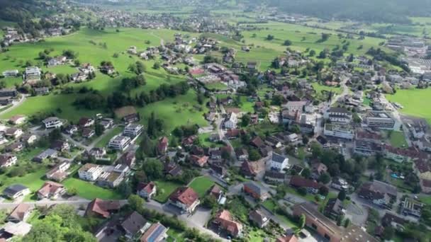 Vista aérea de Liechtenstein con casas en campos verdes en Alpes Mountain Valley — Vídeos de Stock