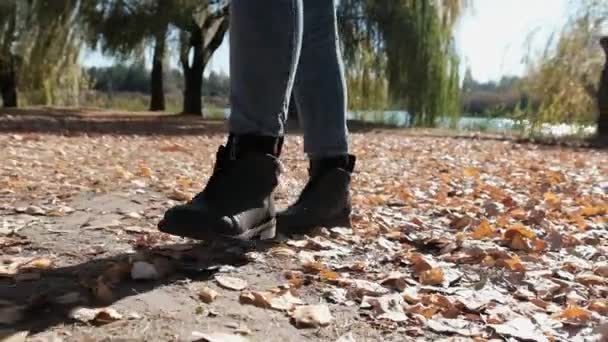 Γυναικεία πόδια Περπατώντας σε πεσμένα φθινοπωρινά φύλλα στο πάρκο σε αργή κίνηση — Αρχείο Βίντεο