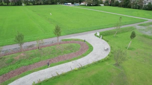 Playground for Children in Liechtenstein Among the Mountain Valley, Aerial Vew — Stock Video