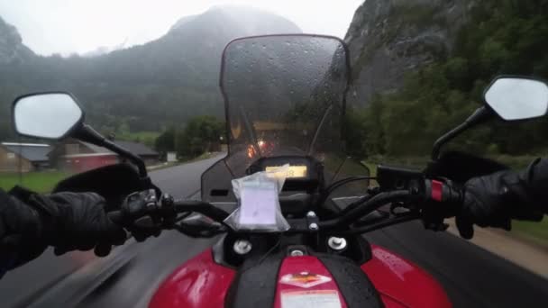 POV Biker Ride Motorcycle on Highway in Heavy Rain with Fog by Austria Mountains — Wideo stockowe