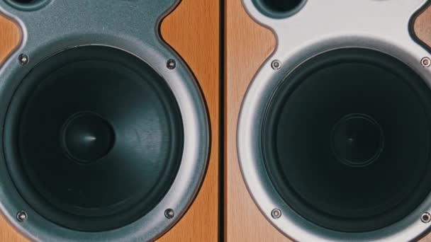Two Audio Speakers Vibrate from Sound Bass in Slow Motion, Stereo, Close-up — Stock Video
