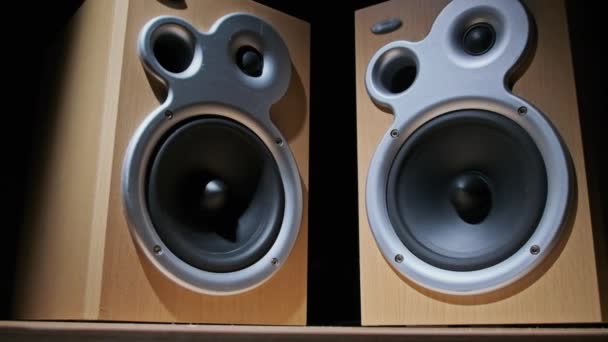 Audio Speakers Vibreren vanuit Sound Bass in Slow Motion op zwarte achtergrond — Stockvideo