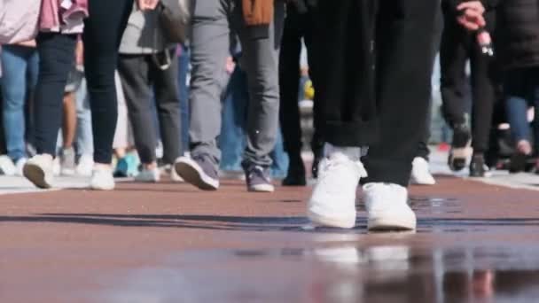 Legs of Crowd People Walking on the Street, Close-up of People feet, Slow Motion — Stockvideo