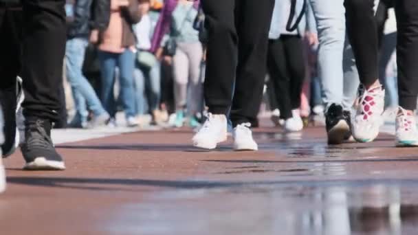 Πόδια του πλήθους των ανθρώπων που περπατούν στο δρόμο, Κοντινό πλάνο των ποδιών των ανθρώπων, αργή κίνηση — Αρχείο Βίντεο
