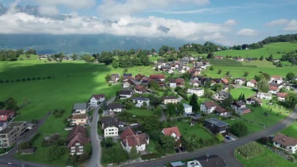 Vue Aérienne du Liechtenstein Avec Maisons Sur Les Champs Verts Dans La Vallée De La Montagne Des Alpes — Video