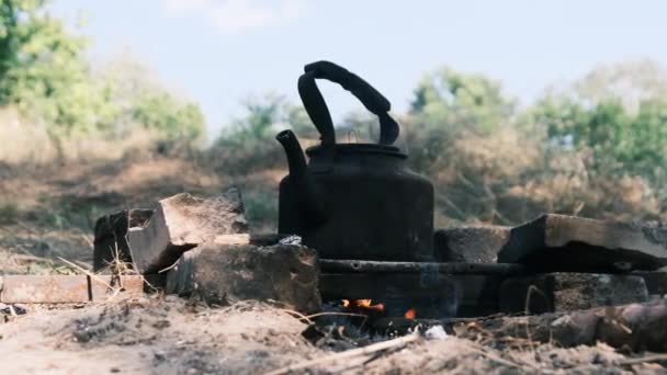 Tourist Kettle Standing on self-Made Campfire Stove in Tourist Camp in Nature — 비디오