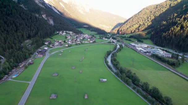 Road in Austrian Alp Valley Between Green Fields and Wooden Houses, Αεροφωτογραφία — Αρχείο Βίντεο