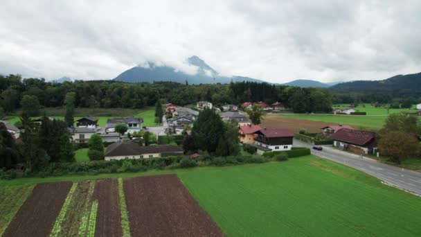 Vista aérea de los campos agrícolas verdes en Austria cerca de las montañas en las nubes — Vídeos de Stock