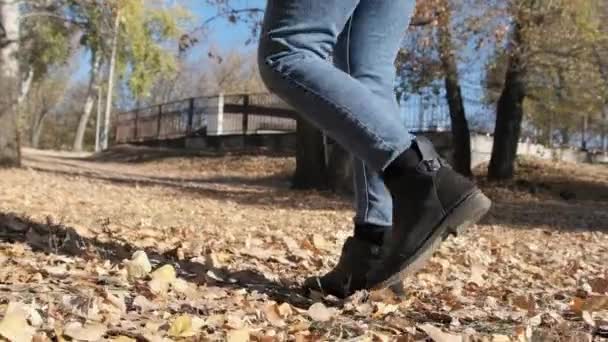 Vrouwelijke benen Wandelen op Gevallen herfstbladeren in het park in slow motion — Stockvideo