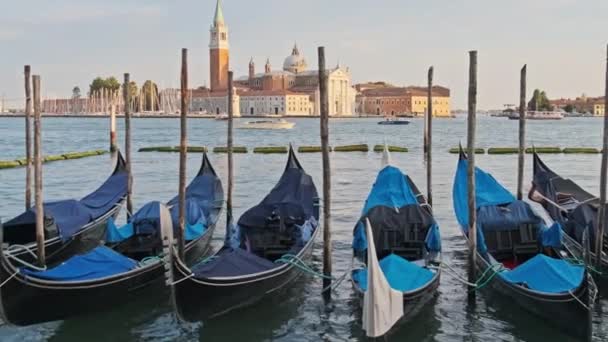 Docked Empty Gondolas on Wooden Mooring Piles, Venetië, Italië. — Stockvideo