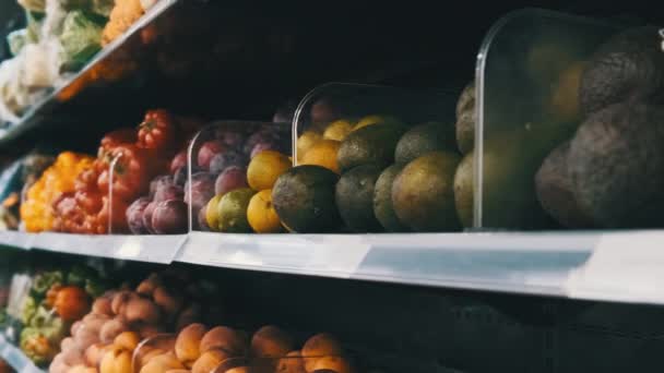 Fresh Fruits and Vegetables on Supermarket Shelves — Stock Video