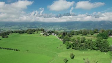 Lihtenştayn 'ın Alp Dağı Vadisi' ndeki Yeşil Arazi Evleri 'nin havadan görünüşü