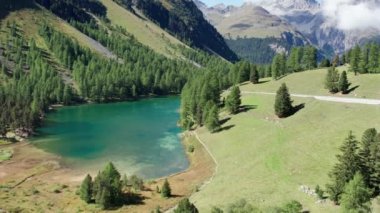 Albulapass, İsviçre Alpleri 'nde Alp Palpuogna Gölü ile birlikte Aerial View Mountain Valley