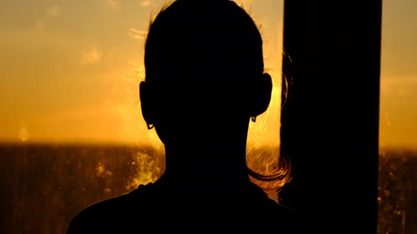 Silueta de una mujer joven mirando por la ventana al atardecer, cámara lenta — Vídeos de Stock