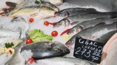 Birçok Taze Deniz Balığı Buz Üstünde Yatar Süpermarket Vitrininde, Donmuş Deniz Ürünleri
