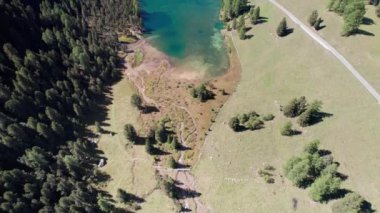 Albulapass, İsviçre Alpleri 'nde Alp Palpuogna Gölü ile birlikte Aerial View Mountain Valley
