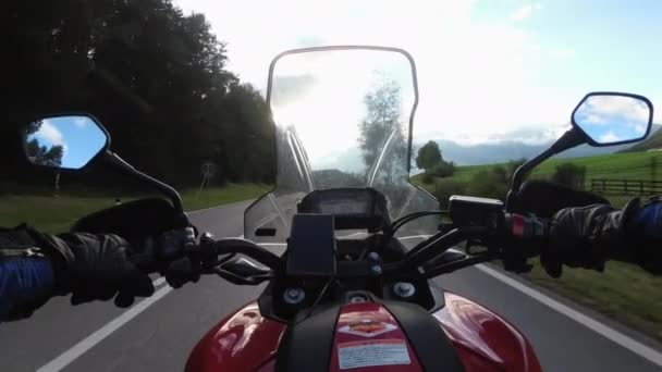 POV Biker Rides a Motorcycle on a Scenic Sunny Mountain Road, Austria — Stock Video