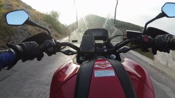 POV Biker Rides on Motorbike by Scenic Mountain Road, Moto Adventure, Freedom — Video Stock