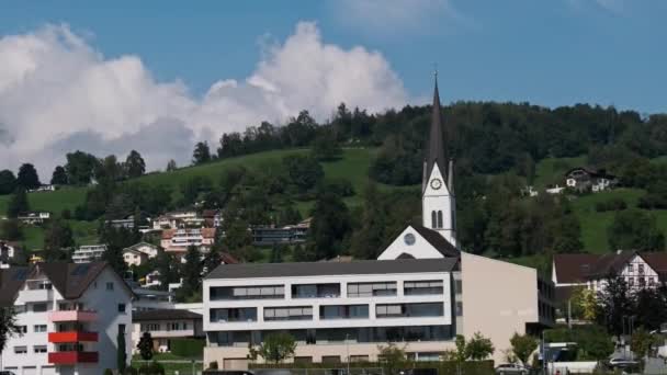 Panoramik manzara Lihtenştayn ile Alp Dağı Vadisi 'ndeki Yeşil Araziler Evleri — Stok video