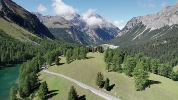 Горная долина с видом с высоты птичьего полета с альпийским озером Пальпуогна в Альбулапассе, Швейцарские Альпы — стоковое видео