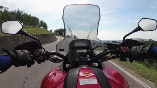 POV Biker Rides on a Motorbike Between Fields of Vineyards in Italy, Countryside — Stock Video
