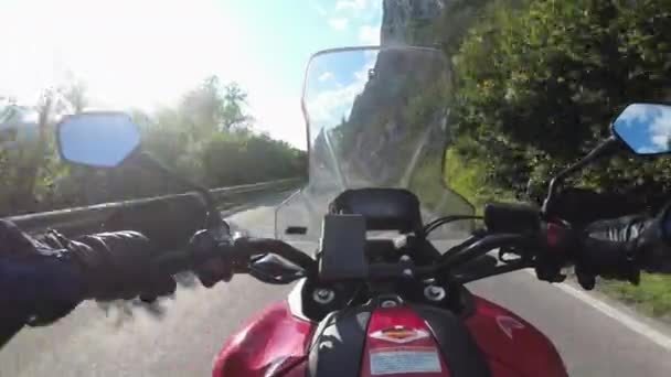 POV Biker Rides a Motorcycle on a Scenic Sunny Mountain Road, Austria — Wideo stockowe