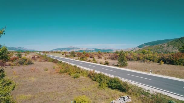 Widok z lotu próżni Asfalt Road na płaskowyżu między polami zielonymi, Highland Way — Wideo stockowe