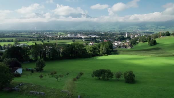 Αεροφωτογραφία του Λιχτενστάιν με Σπίτια σε πράσινα λιβάδια σε Άλπεις Mountain Valley — Αρχείο Βίντεο