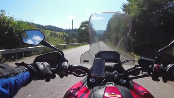 Motorcyclist on Motorbike Rides on a Beautiful Landscape Mountain Road, POV — Stock Video