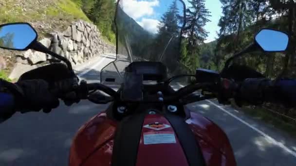 POV Biker Rides on Motorbike by Scenic Green Mountain Road, Swiss Alp, Moto Trip — Stockvideo