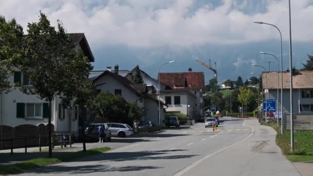City Highways on Liechtenstein Street, Eschen in Alps Mountain Valley, Sunny Day — Αρχείο Βίντεο