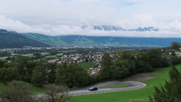 Scenic Panorama of Vaduz Valley by the River Rhine, Liechtenstein Alps Mountains — Stock Video
