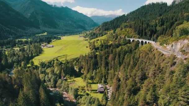 Viaducto Landwasser en los Alpes suizos en verano, Vista aérea sobre Green Mountain Valley — Vídeos de Stock