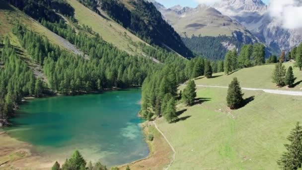 Vista aérea del valle de la montaña con el lago alpino de Palpuogna en Albulapass, Alpes suizos — Vídeos de Stock