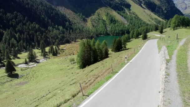 Uitzicht vanuit de lucht Mountain Valley met Alpine Palpuogna Lake in Albulapass, Zwitserse Alpen — Stockvideo