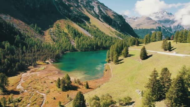 Letecký pohled Mountain Valley s Alpine Palpuogna Lake v Albulapass, Švýcarské Alpy — Stock video