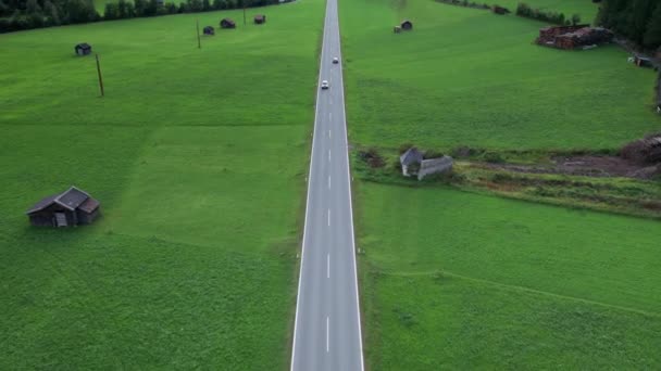 緑のフィールドの間のオーストリアの道路アルパイン村では、空中ビュー — ストック動画