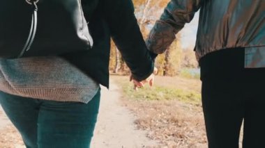 Sonbahar Parkı 'nda İki Genç Kadın El ele Yürüyor, Yavaş Hareket