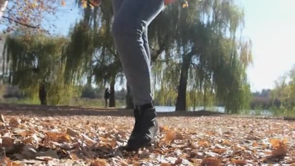 Kvinnliga ben går på fallna höstlöv i parken i Slow Motion — Stockvideo